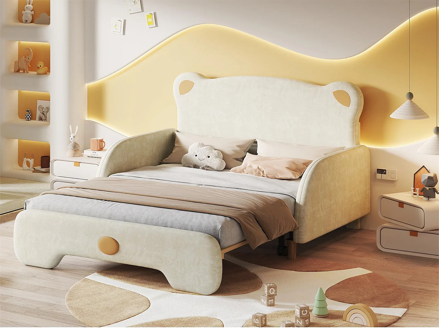 Onderschuifbed 140 x 200 cm met berenhoofdeinde, fluweel, inclusief boxspring, beige