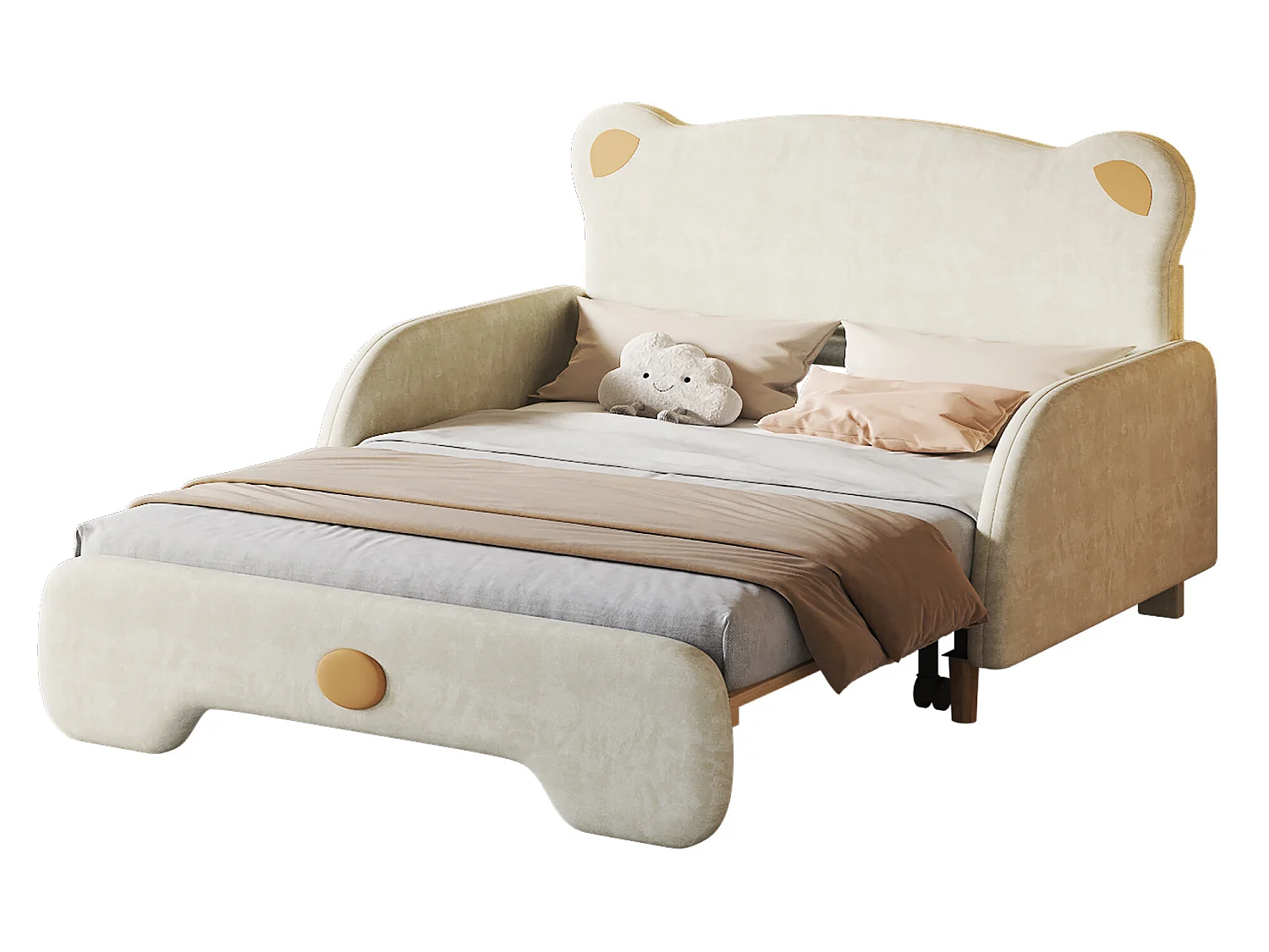 Onderschuifbed 140 x 200 cm met berenhoofdeinde, fluweel, inclusief boxspring, beige