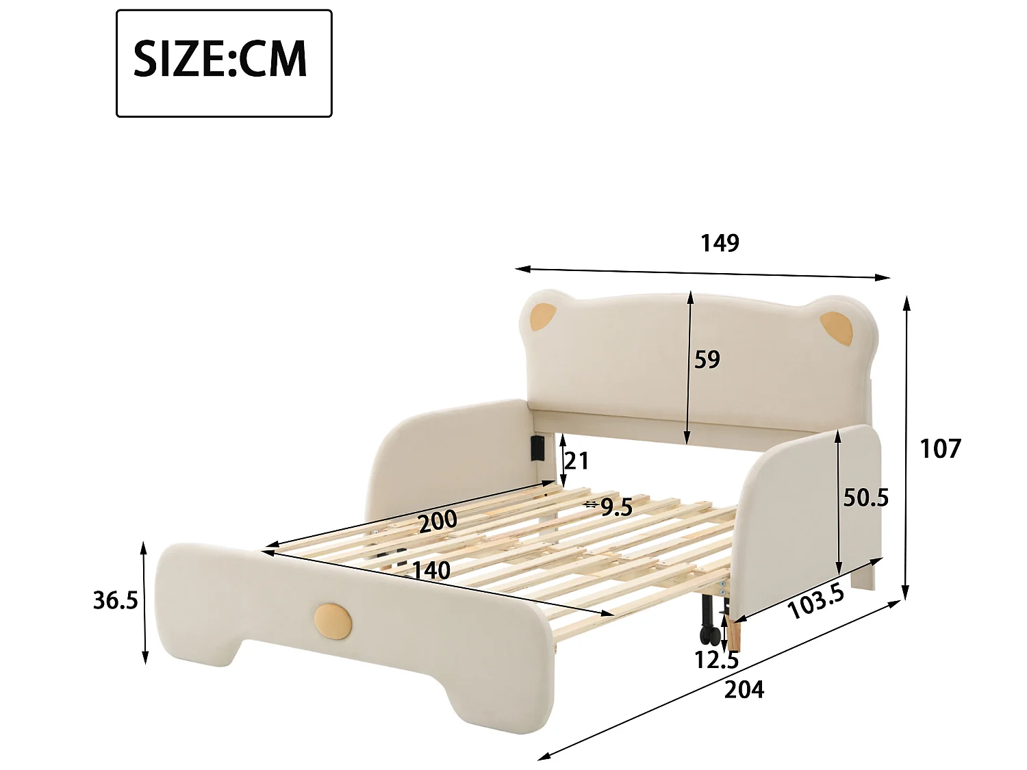 Onderschuifbed 140 x 200 cm met berenhoofdeinde, fluweel, inclusief boxspring, beige