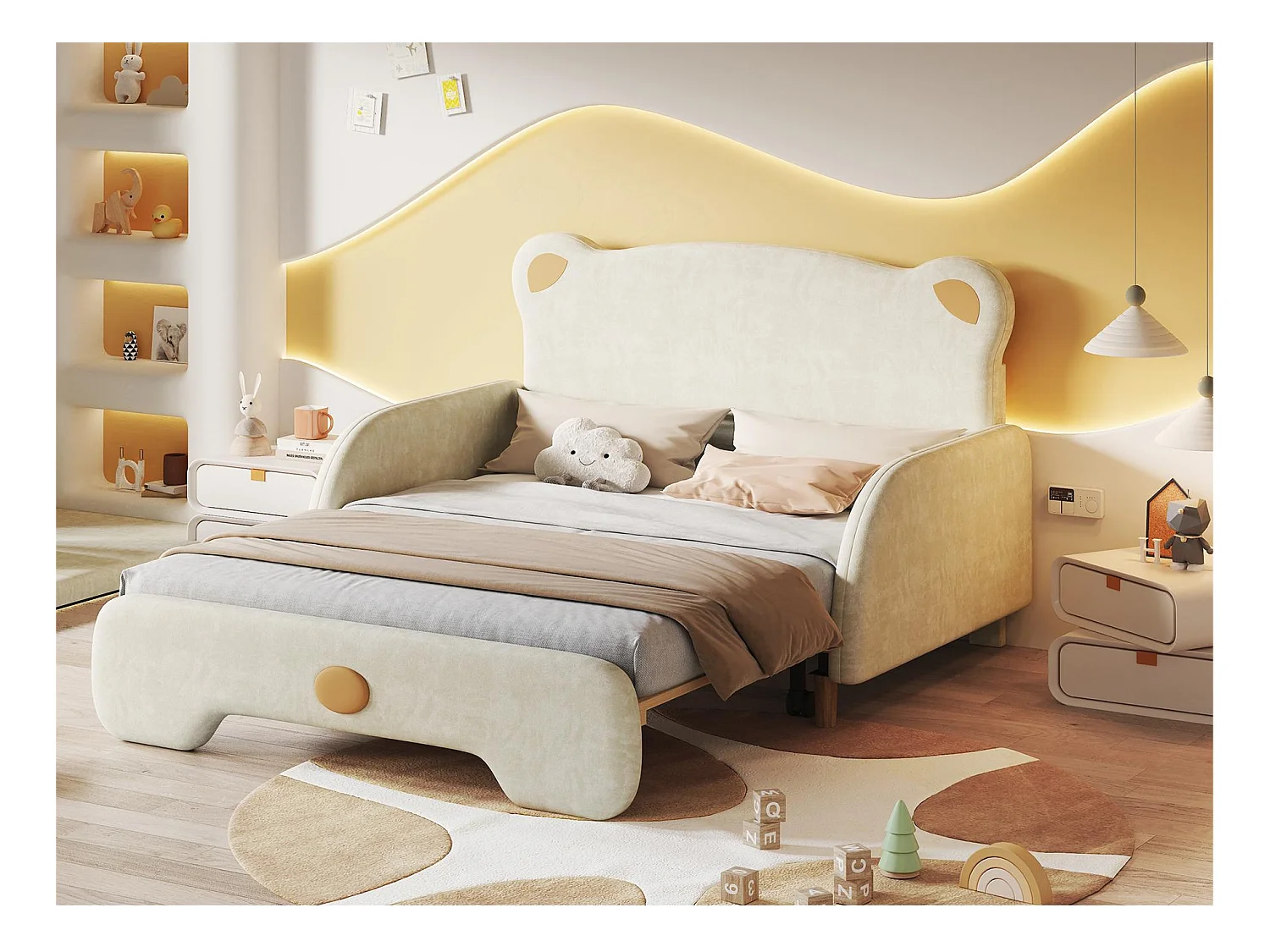 Lit gigogne 140 x 200 cm avec tête de lit en ours, velours, sommier inclus, beige