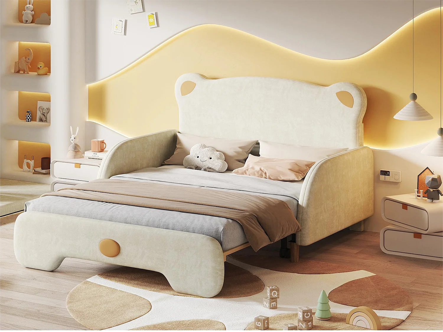 Lit gigogne 140 x 200 cm avec tête de lit en ours, velours, sommier inclus, beige