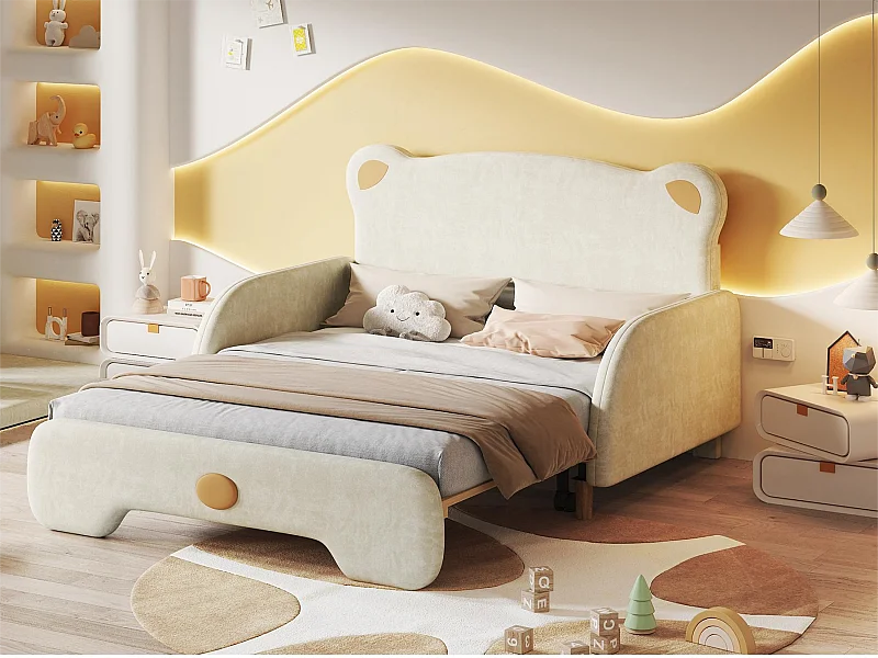 Lit gigogne 140 x 200 cm avec tête de lit en ours, velours, sommier inclus, beige