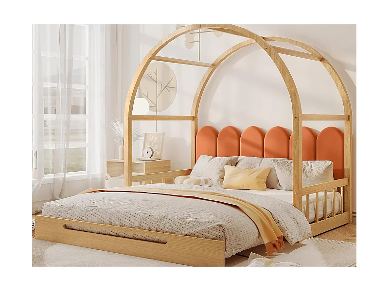 Lit gigogne 140 x 200 cm, lit enfant en bois de pin, sommier inclus - naturel