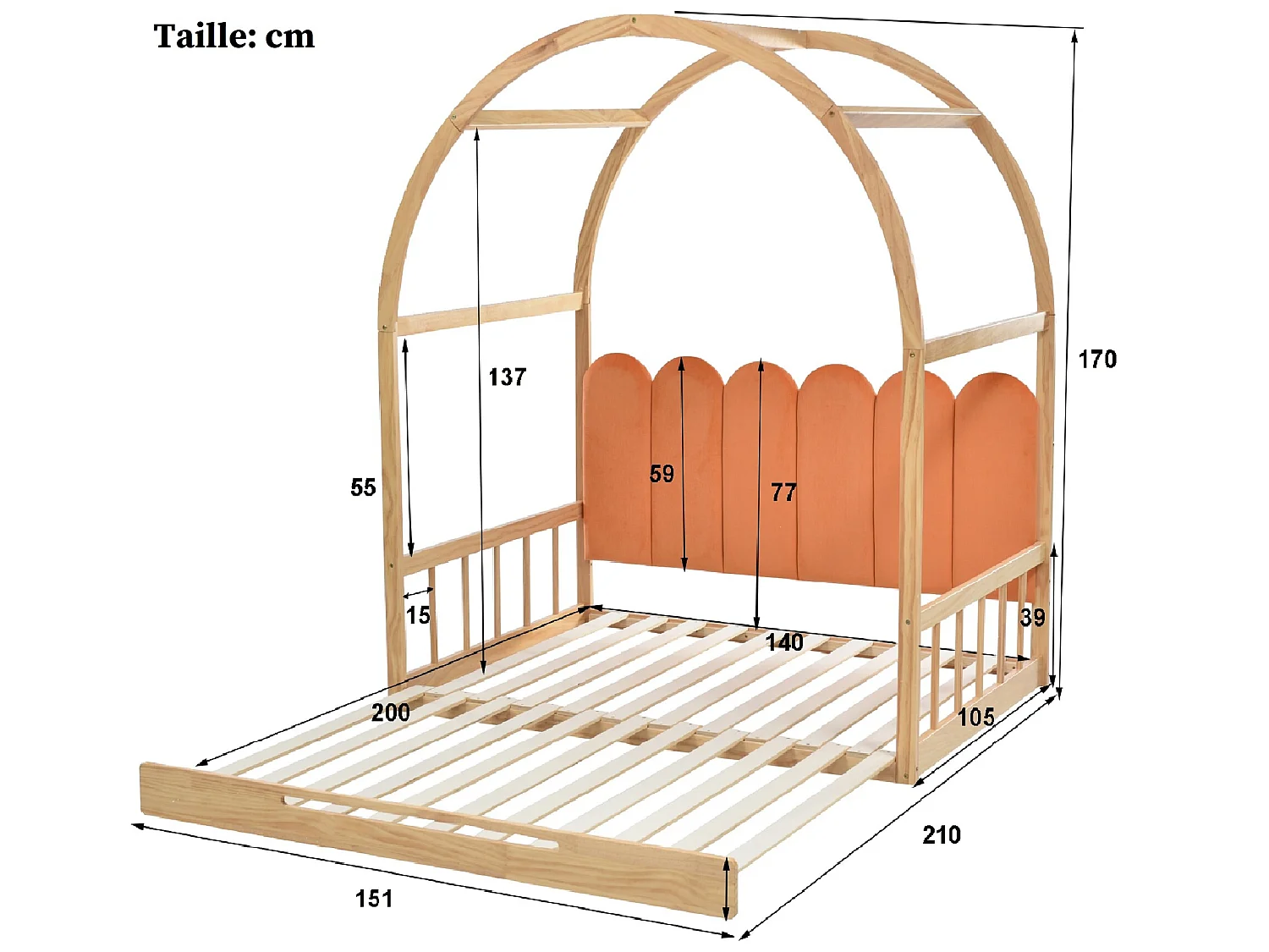 Cama nido 140x200 cm, cama infantil en madera de pino, somier incluido - natural