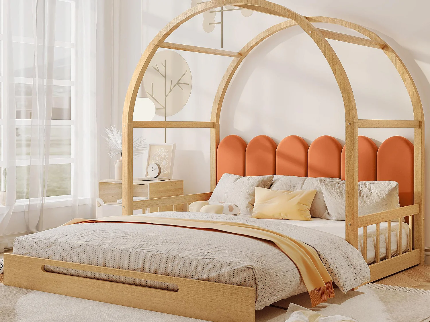 Cama nido 140x200 cm, cama infantil en madera de pino, somier incluido - natural