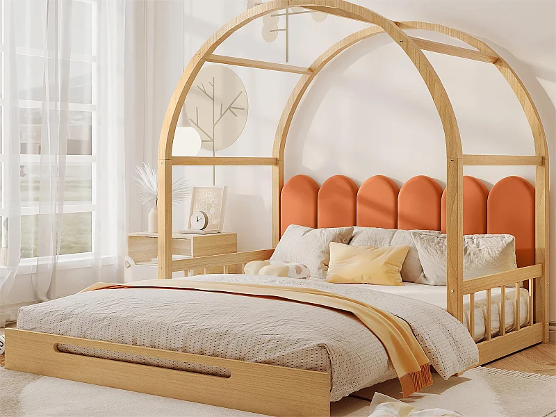 Rollbett 140 x 200 cm, Kinderbett aus Kiefernholz, Boxspring inklusive – naturbelassen