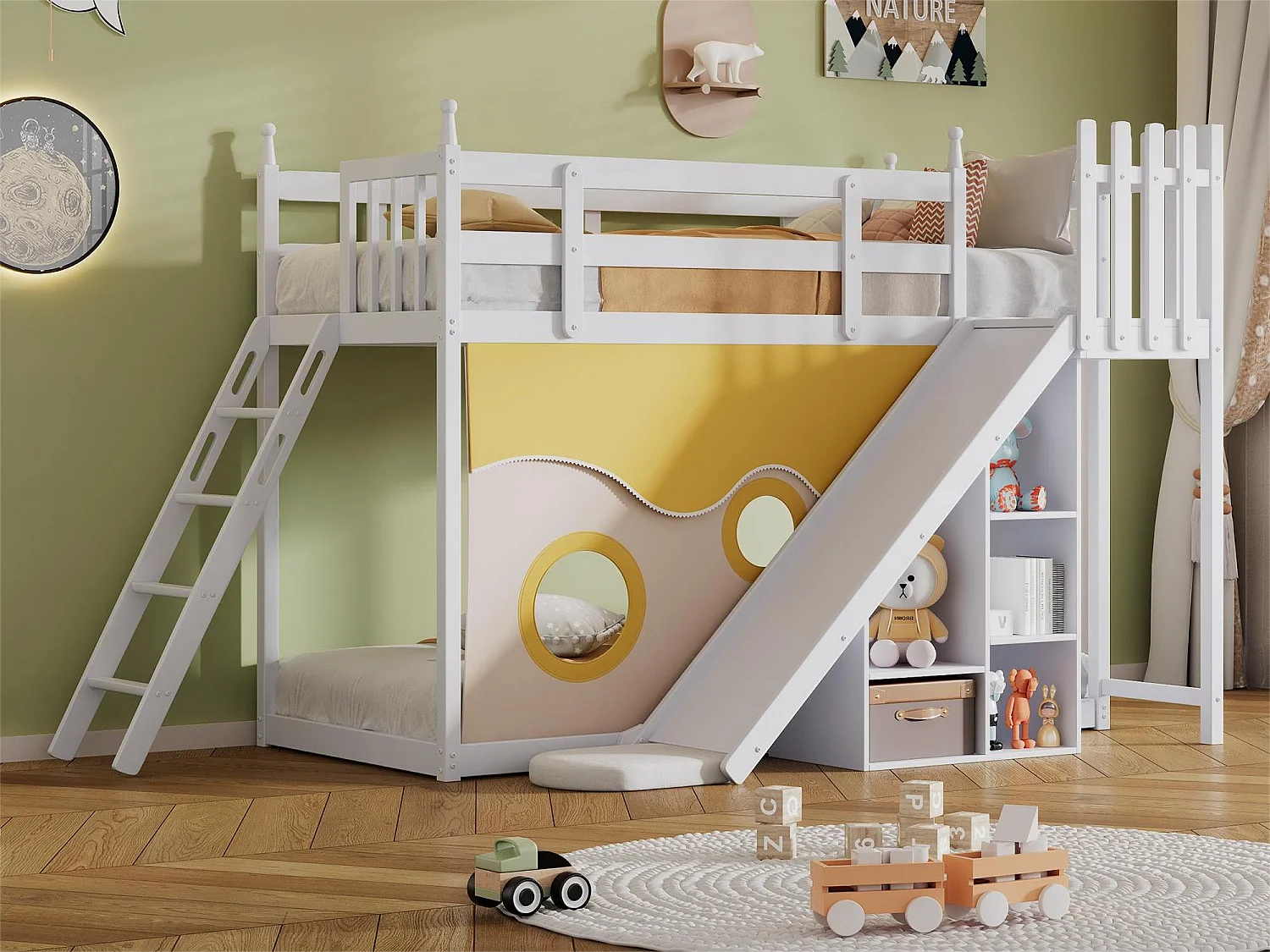 Lit superposé - 2x90x200 cm - cadre en pin - rideau de lit, toboggan et étagère - blanc