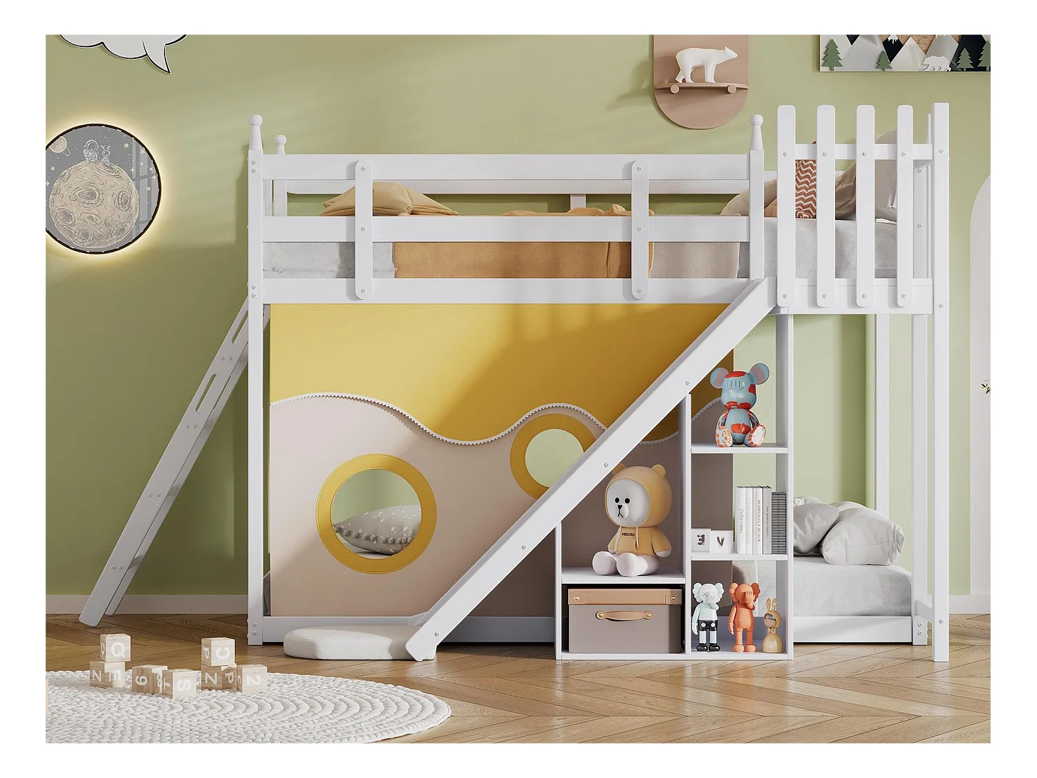 Lit superposé - 2x90x200 cm - cadre en pin - rideau de lit, toboggan et étagère - blanc