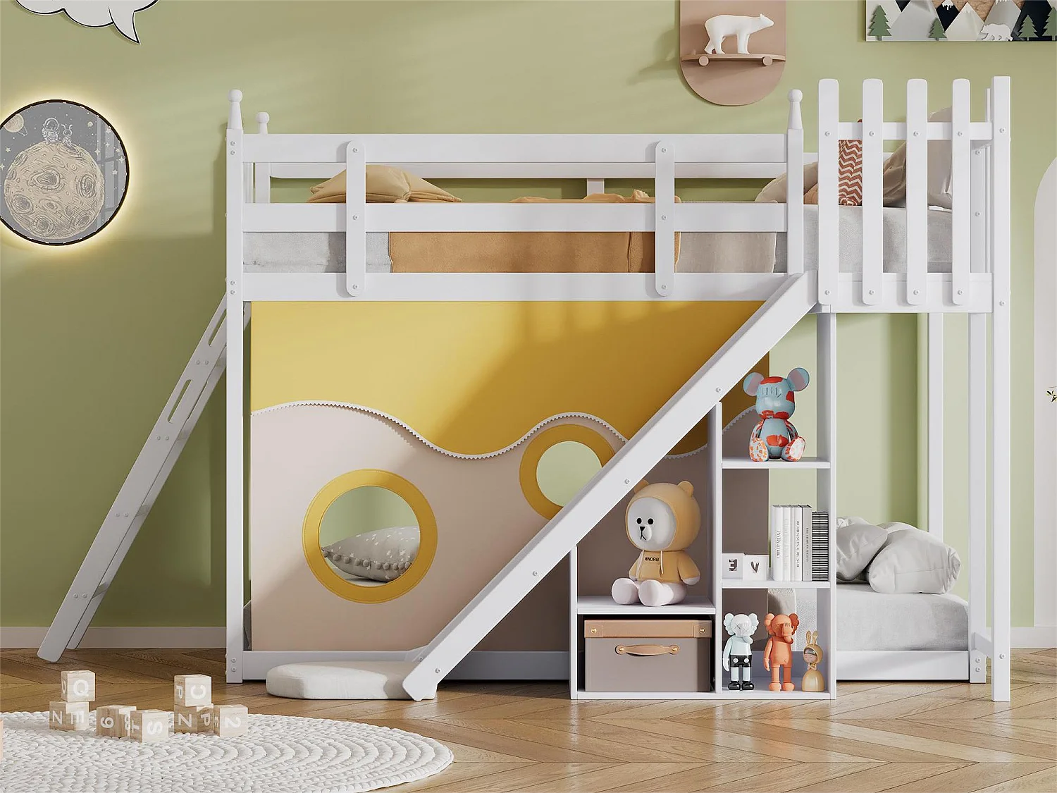 Lit superposé - 2x90x200 cm - cadre en pin - rideau de lit, toboggan et étagère - blanc