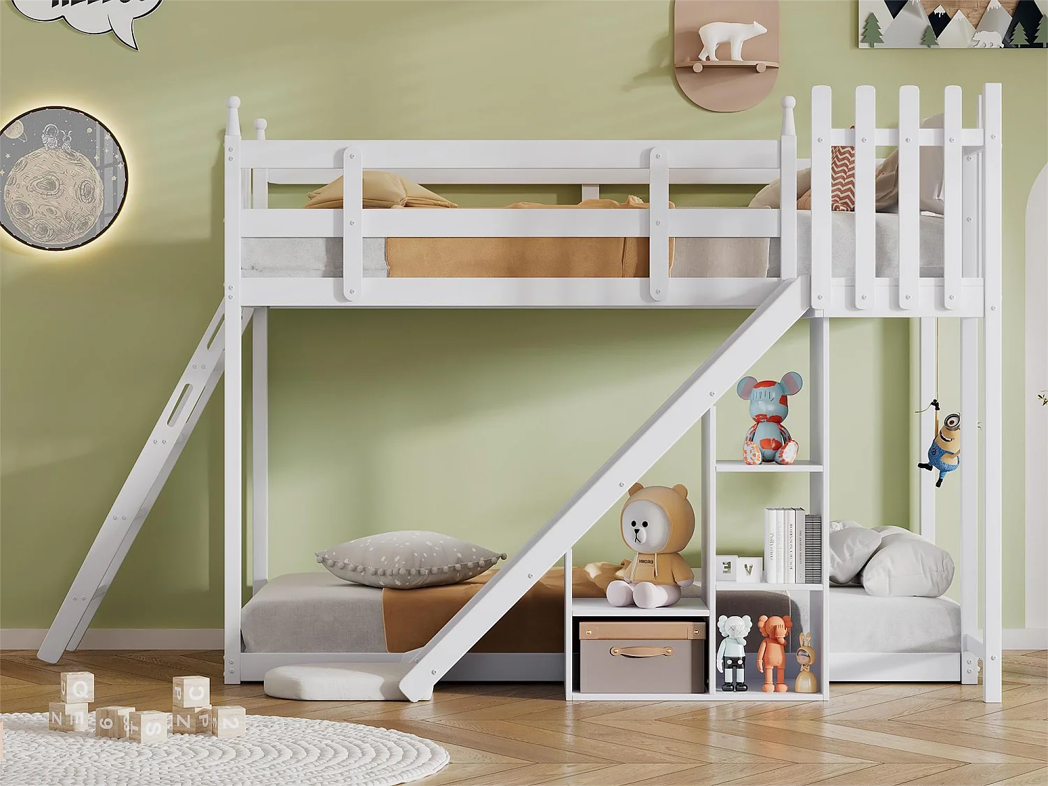 Lit superposé - 2x90x200 cm - cadre en pin - rideau de lit, toboggan et étagère - blanc