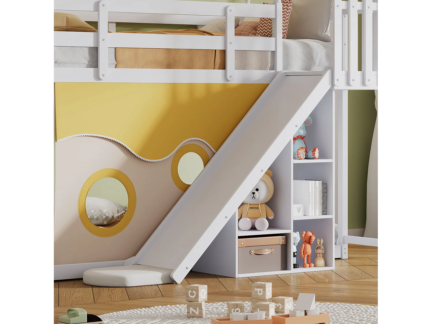 Lit superposé - 2x90x200 cm - cadre en pin - rideau de lit, toboggan et étagère - blanc