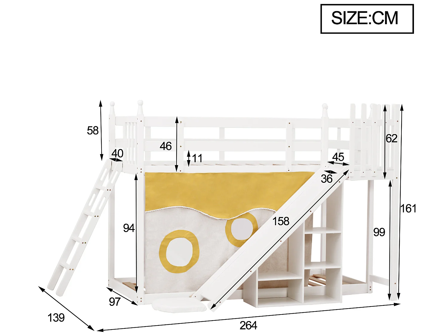 Lit superposé - 2x90x200 cm - cadre en pin - rideau de lit, toboggan et étagère - blanc