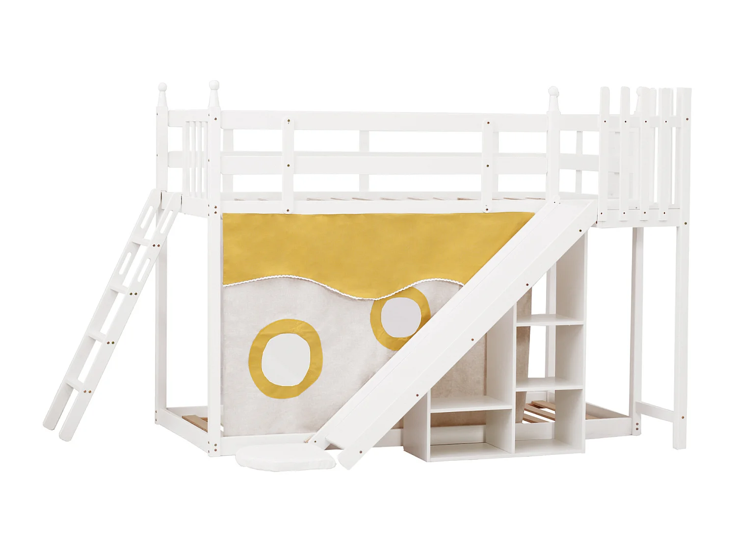 Lit superposé - 2x90x200 cm - cadre en pin - rideau de lit, toboggan et étagère - blanc