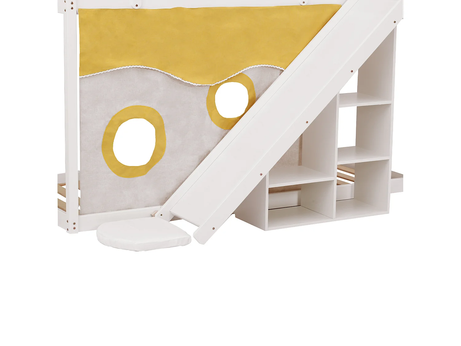 Lit superposé - 2x90x200 cm - cadre en pin - rideau de lit, toboggan et étagère - blanc