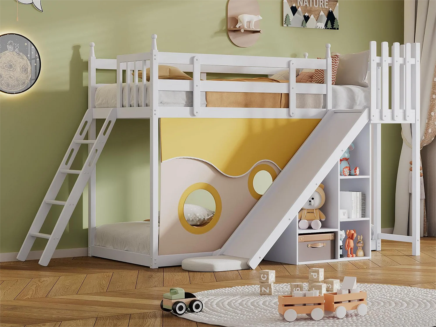 Lit superposé - 2x90x200 cm - cadre en pin - rideau de lit, toboggan et étagère - blanc