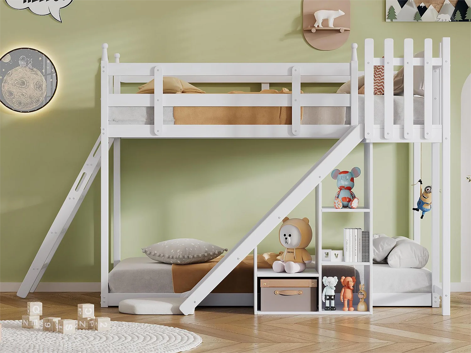 Lit superposé - 2x90x200 cm - cadre en pin - rideau de lit, toboggan et étagère - blanc