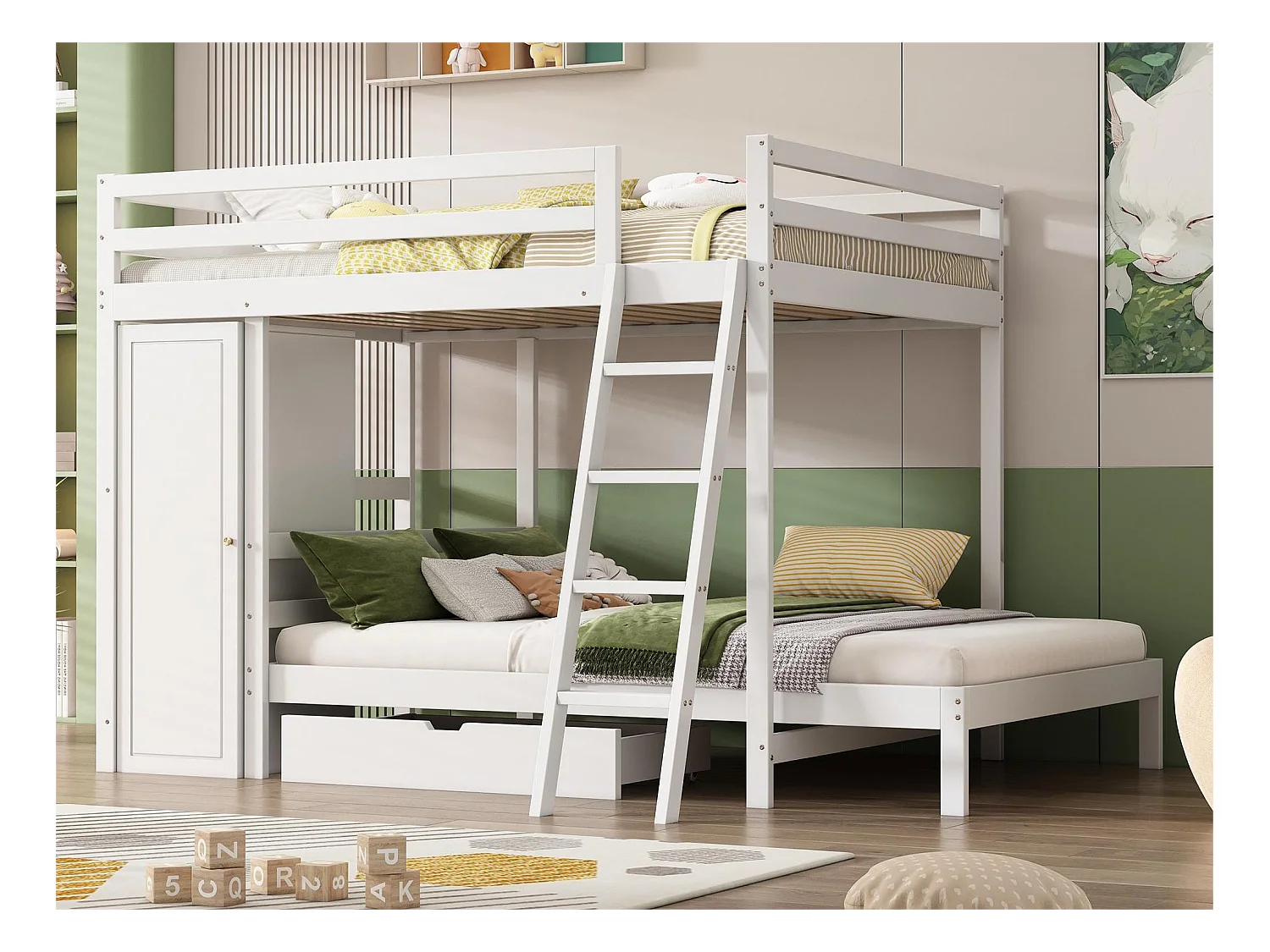 Stapelbed voor kinderen - 2x90x200 cm - Kledingkast + Lade - Inclusief boxspring - Wit