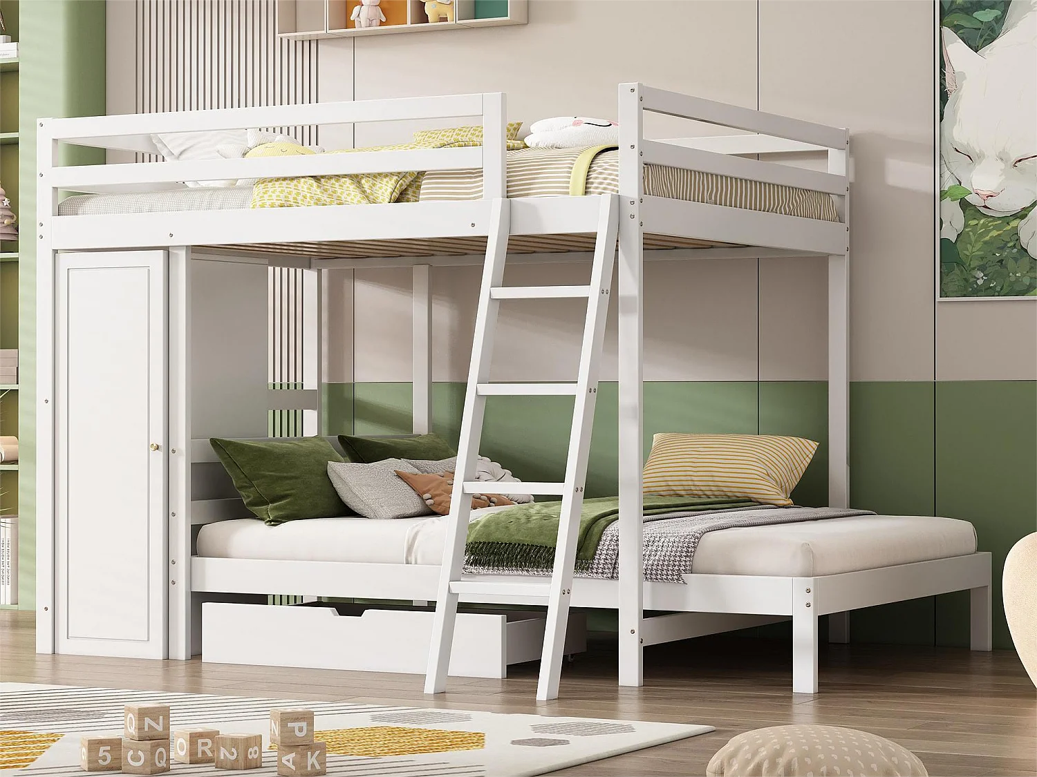 Lit Superposé pour Enfant - 2x90x200 cm - Armoire + Tiroir - Sommier inclus - Blanc