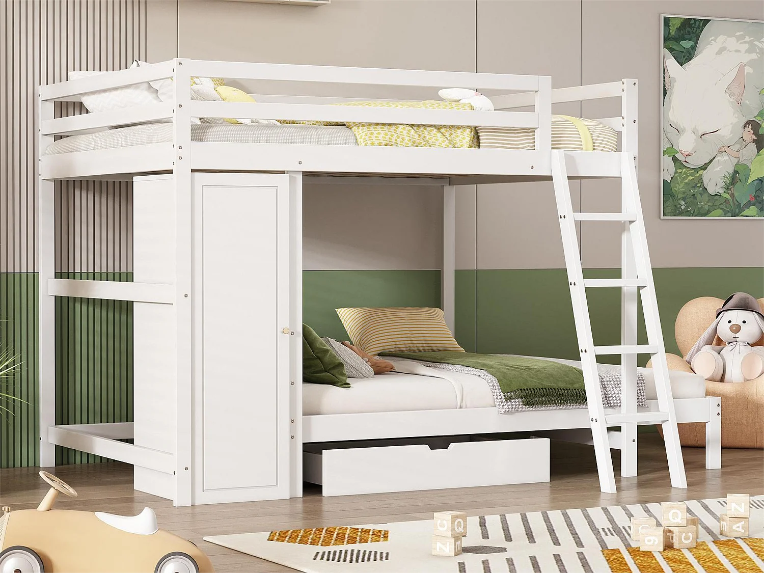 Lit Superposé pour Enfant - 2x90x200 cm - Armoire + Tiroir - Sommier inclus - Blanc