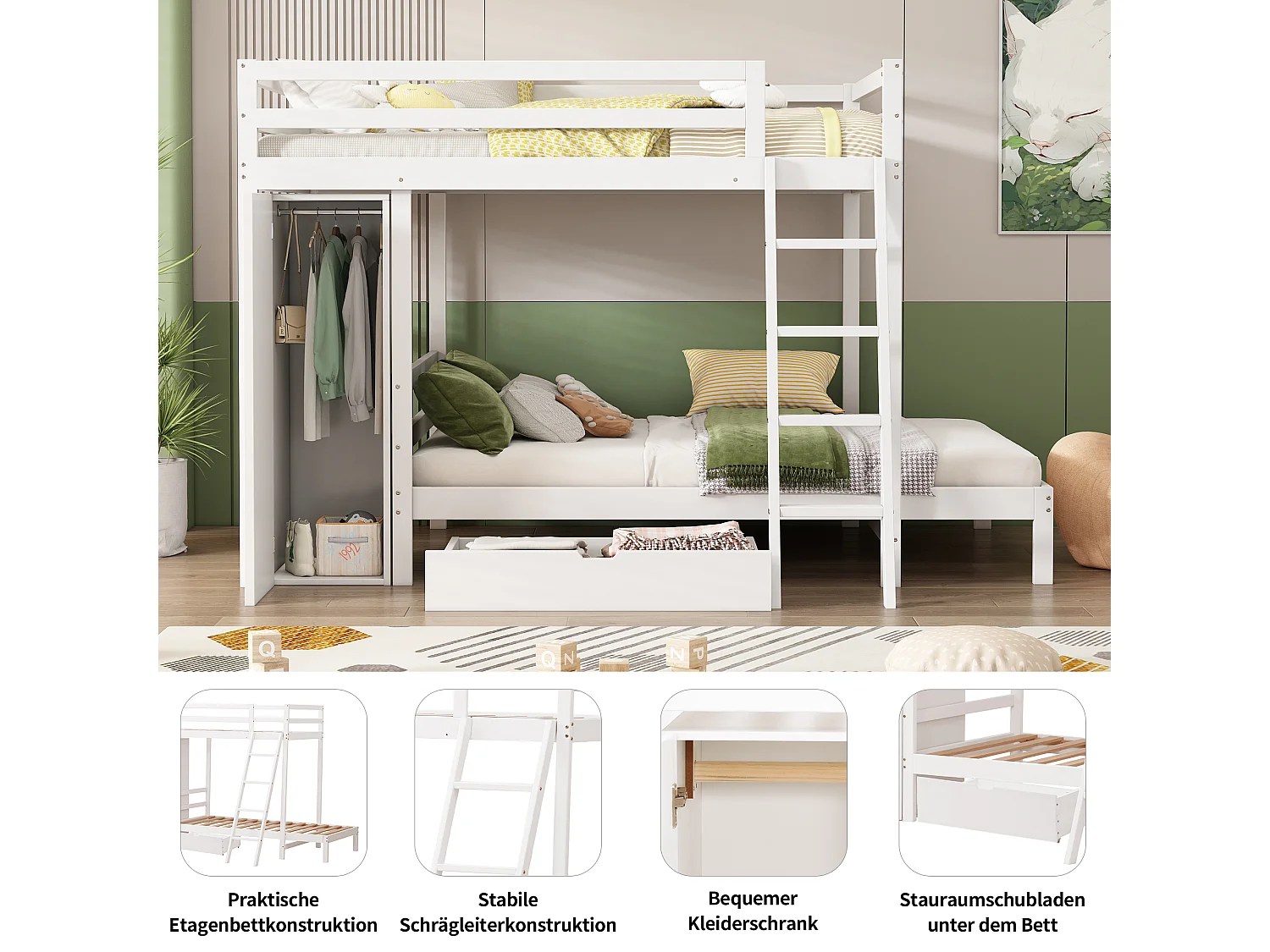 Lit Superposé pour Enfant - 2x90x200 cm - Armoire + Tiroir - Sommier inclus - Blanc