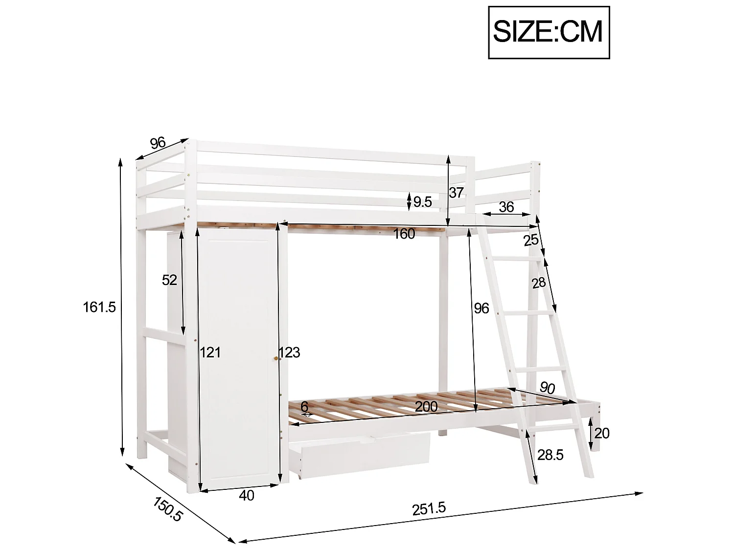 Lit Superposé pour Enfant - 2x90x200 cm - Armoire + Tiroir - Sommier inclus - Blanc