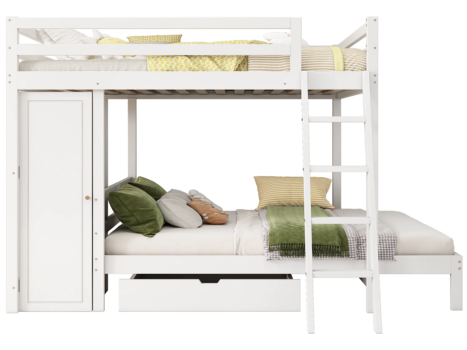 Lit Superposé pour Enfant - 2x90x200 cm - Armoire + Tiroir - Sommier inclus - Blanc