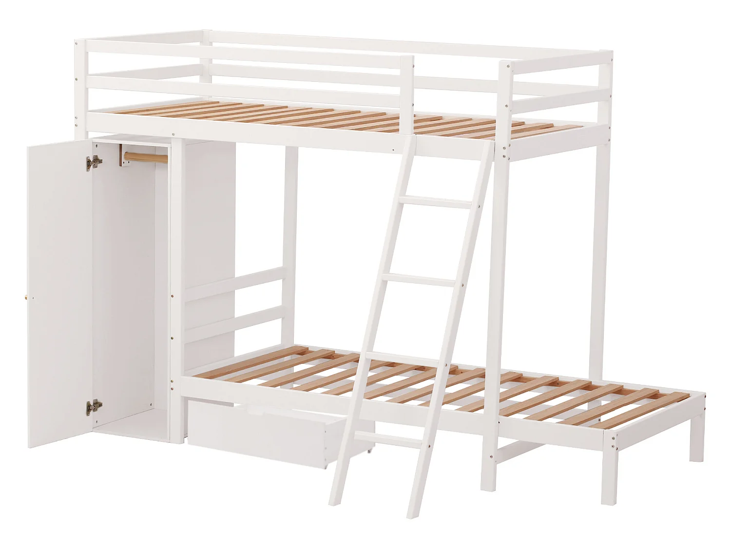 Lit Superposé pour Enfant - 2x90x200 cm - Armoire + Tiroir - Sommier inclus - Blanc