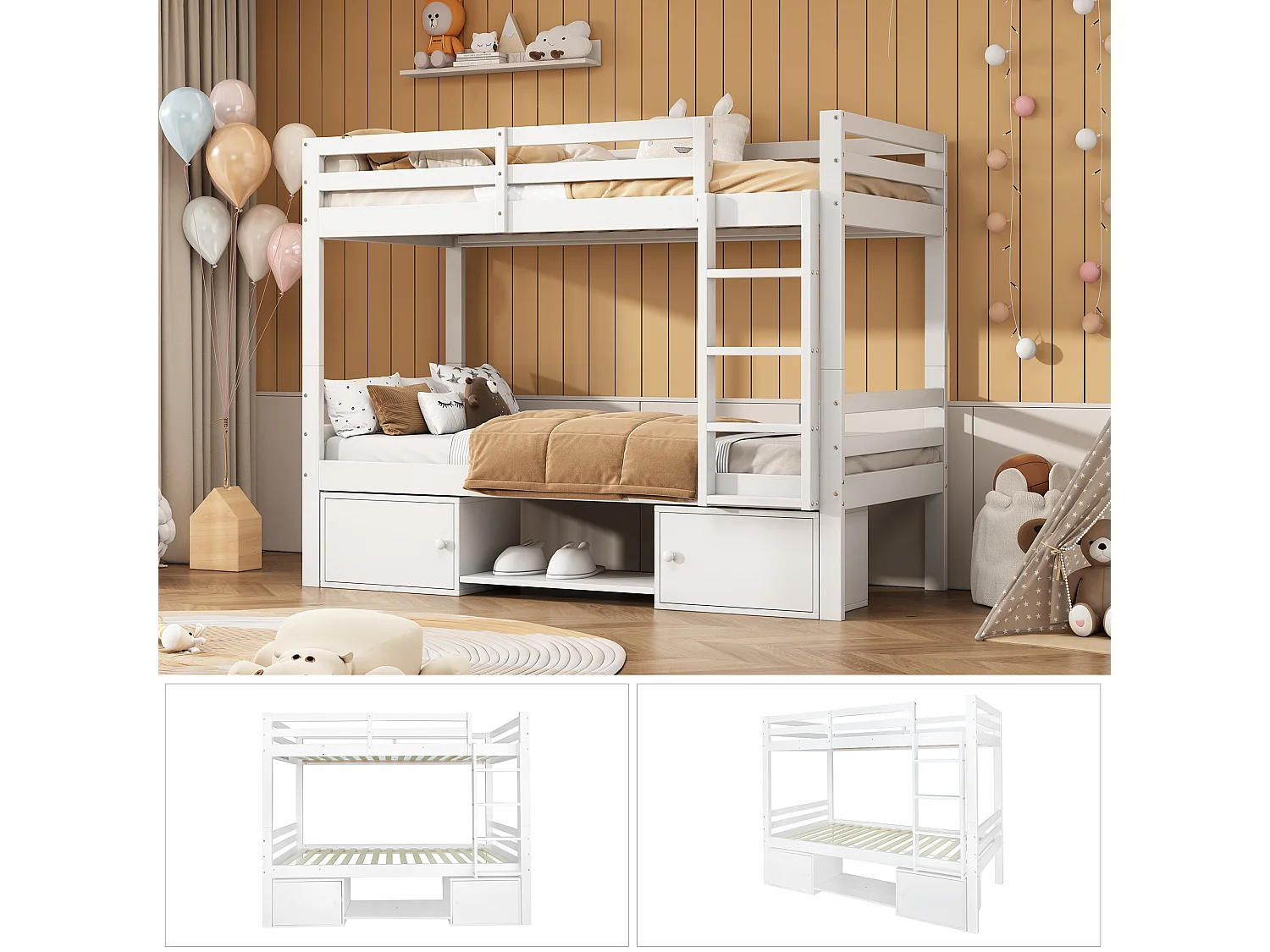 Beliche infantil - 2x90x200 cm - 2 armários e prateleiras para sapatos - branco