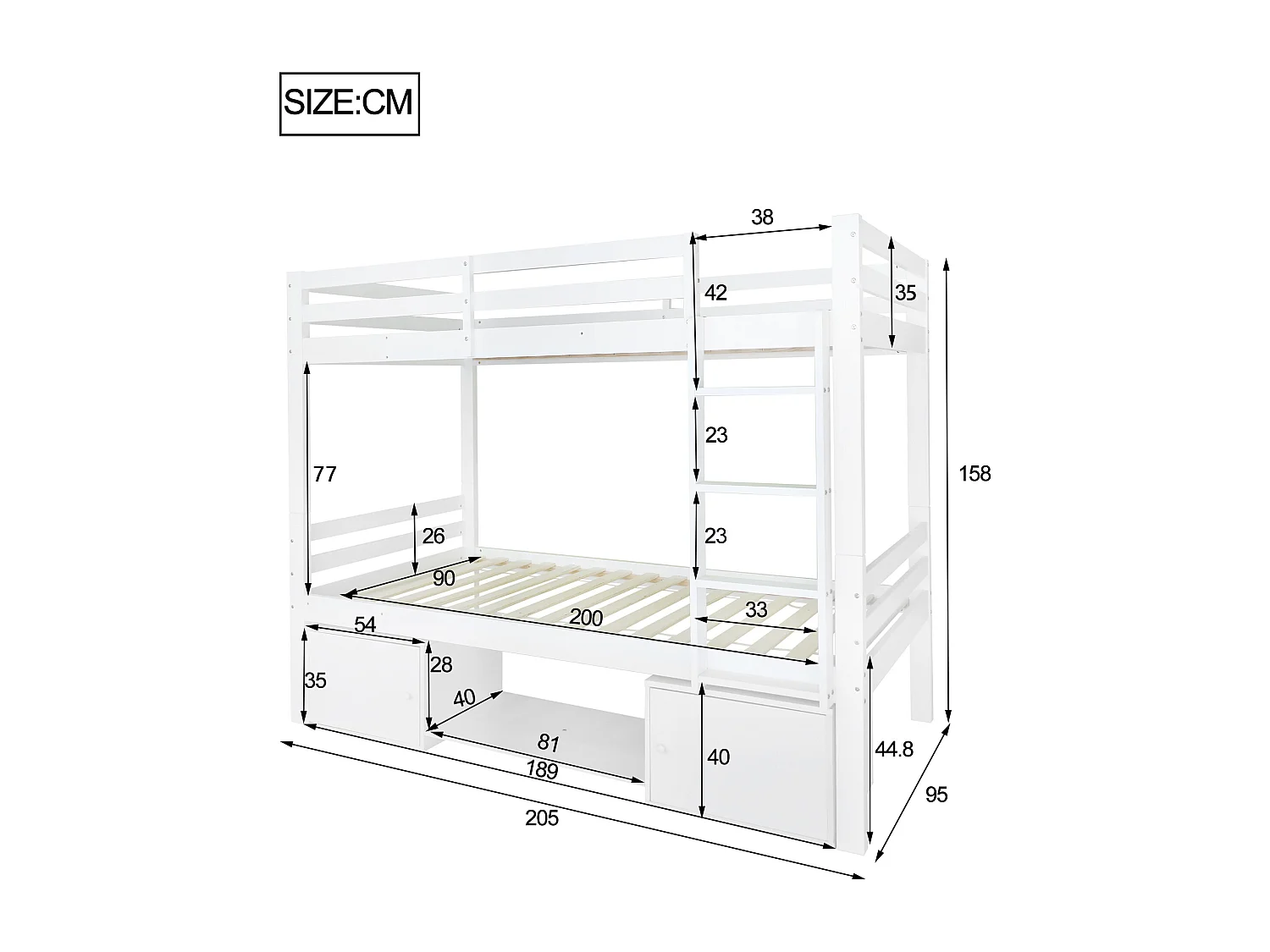 Łóżko piętrowe dla dzieci - 2x90x200 cm - 2 szafki i półki na buty - białe