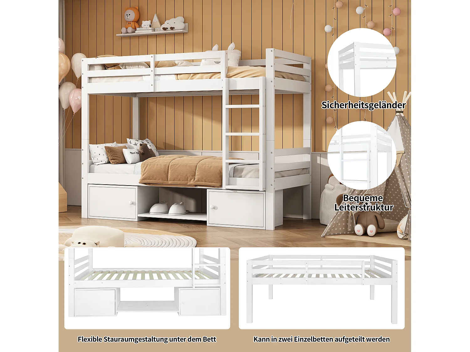 Łóżko piętrowe dla dzieci - 2x90x200 cm - 2 szafki i półki na buty - białe