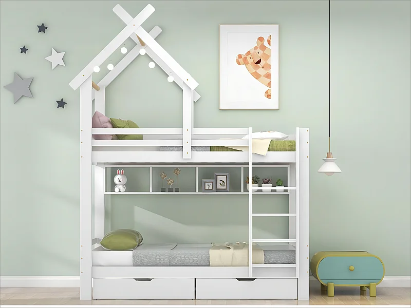 Etagenbett 2x90x200 cm mit Schubladen und Regalen, Gestell aus Kiefernholz, inklusive Boxspringbett, weiß