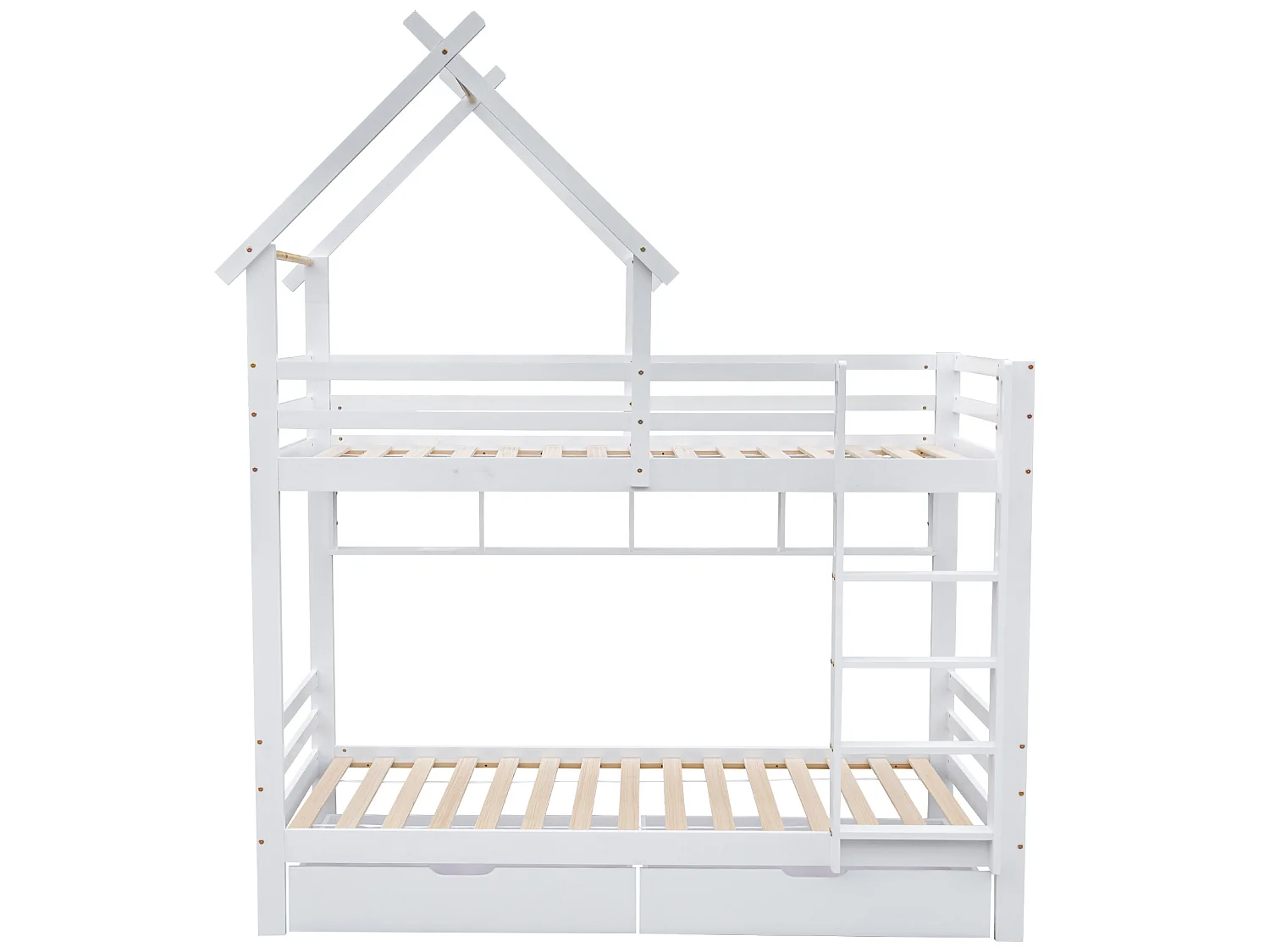 Etagenbett 2x90x200 cm mit Schubladen und Regalen, Gestell aus Kiefernholz, inklusive Boxspringbett, weiß