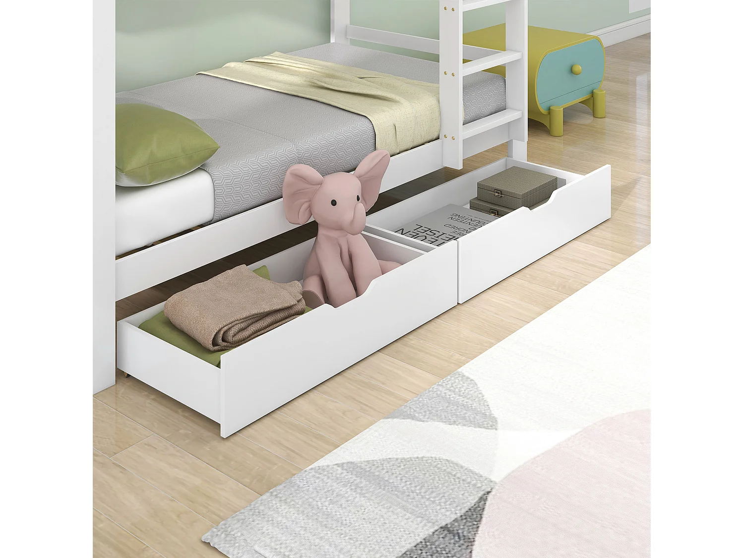 Etagenbett 2x90x200 cm mit Schubladen und Regalen, Gestell aus Kiefernholz, inklusive Boxspringbett, weiß