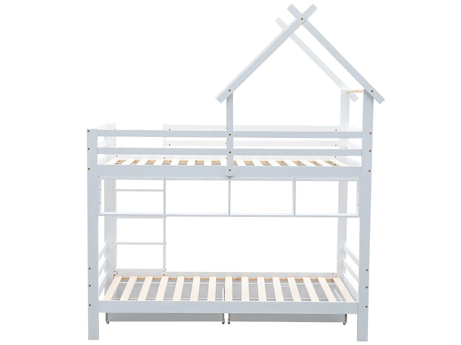 Etagenbett 2x90x200 cm mit Schubladen und Regalen, Gestell aus Kiefernholz, inklusive Boxspringbett, weiß