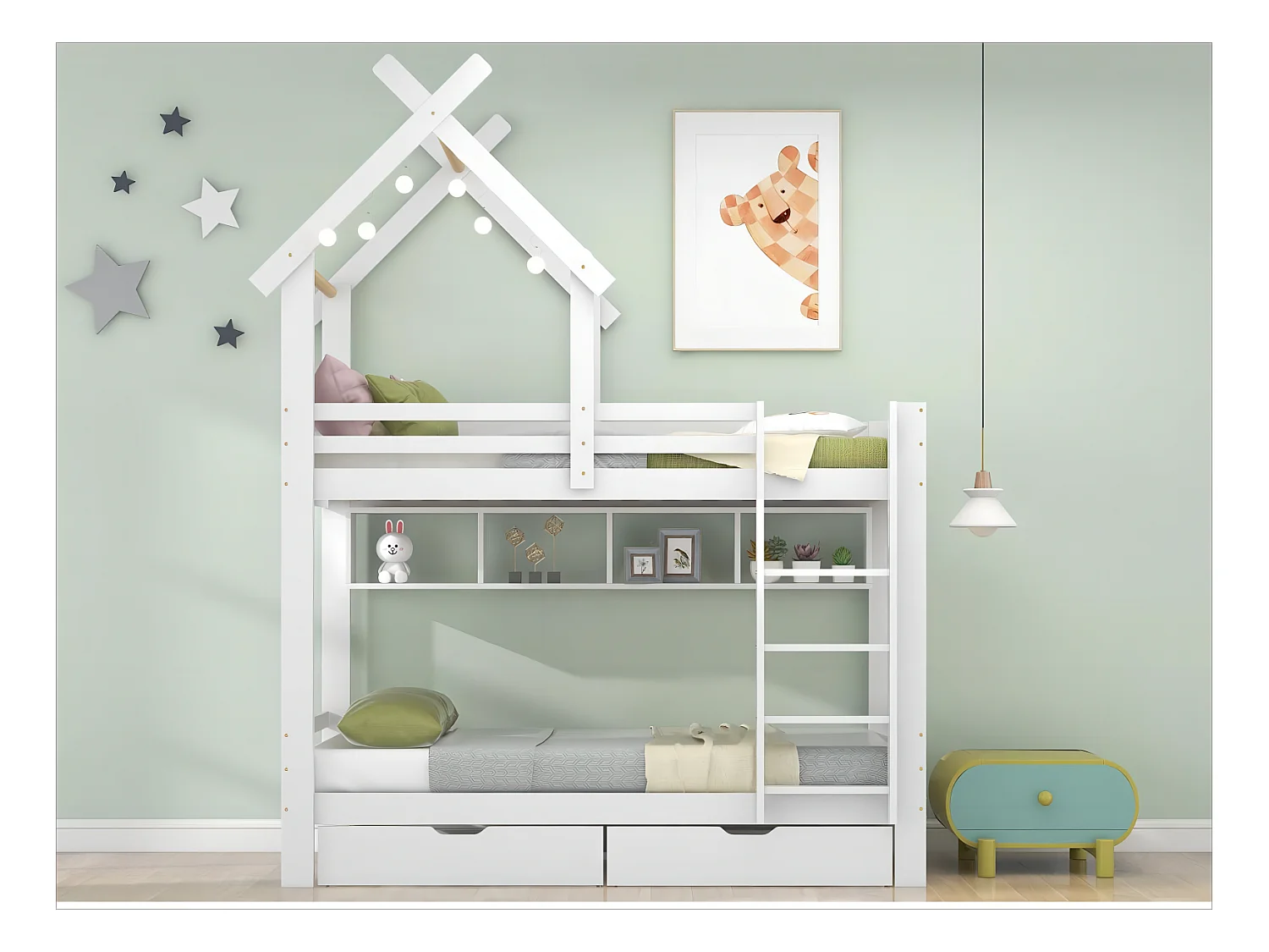 Lit superposé 2x90x200 cm avec tiroirs et étagères, cadre en pin, sommier inclus, blanc