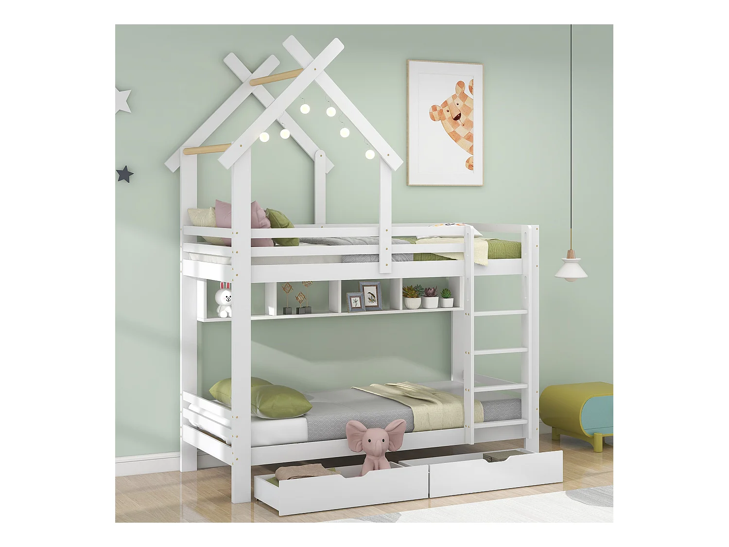 Lit superposé 2x90x200 cm avec tiroirs et étagères, cadre en pin, sommier inclus, blanc