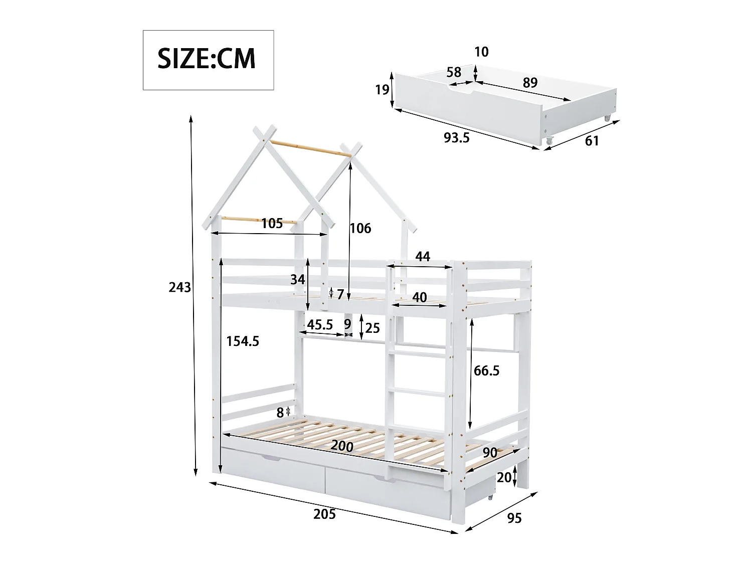 Lit superposé 2x90x200 cm avec tiroirs et étagères, cadre en pin, sommier inclus, blanc