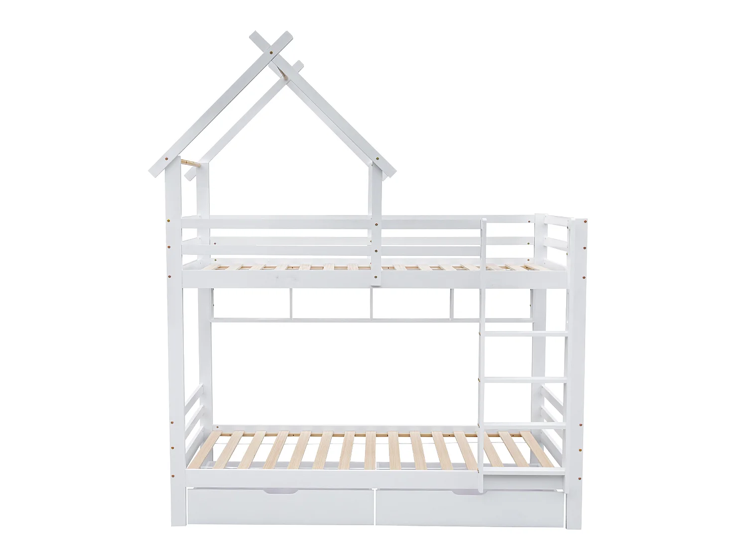 Lit superposé 2x90x200 cm avec tiroirs et étagères, cadre en pin, sommier inclus, blanc