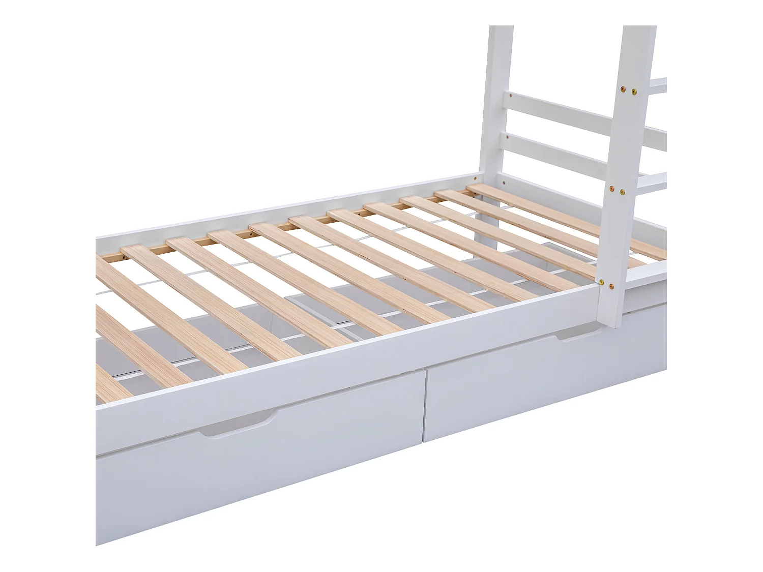 Lit superposé 2x90x200 cm avec tiroirs et étagères, cadre en pin, sommier inclus, blanc