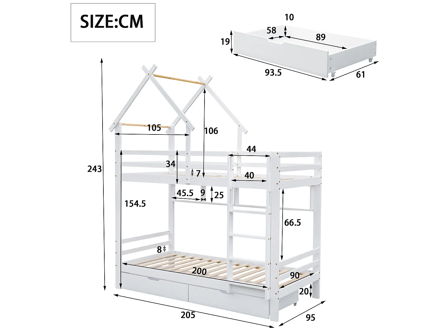 Łóżko piętrowe 2x90x200 cm z szufladami i półkami, rama sosnowa, stelaż listwowy w komplecie, białe