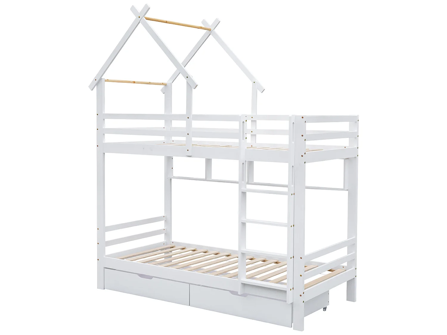 Łóżko piętrowe 2x90x200 cm z szufladami i półkami, rama sosnowa, stelaż listwowy w komplecie, białe