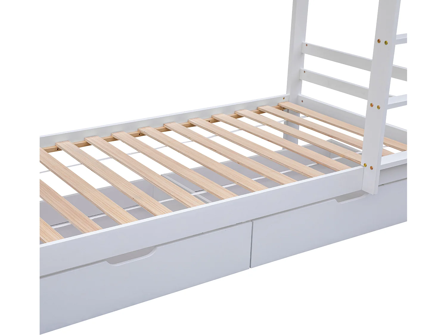 Łóżko piętrowe 2x90x200 cm z szufladami i półkami, rama sosnowa, stelaż listwowy w komplecie, białe