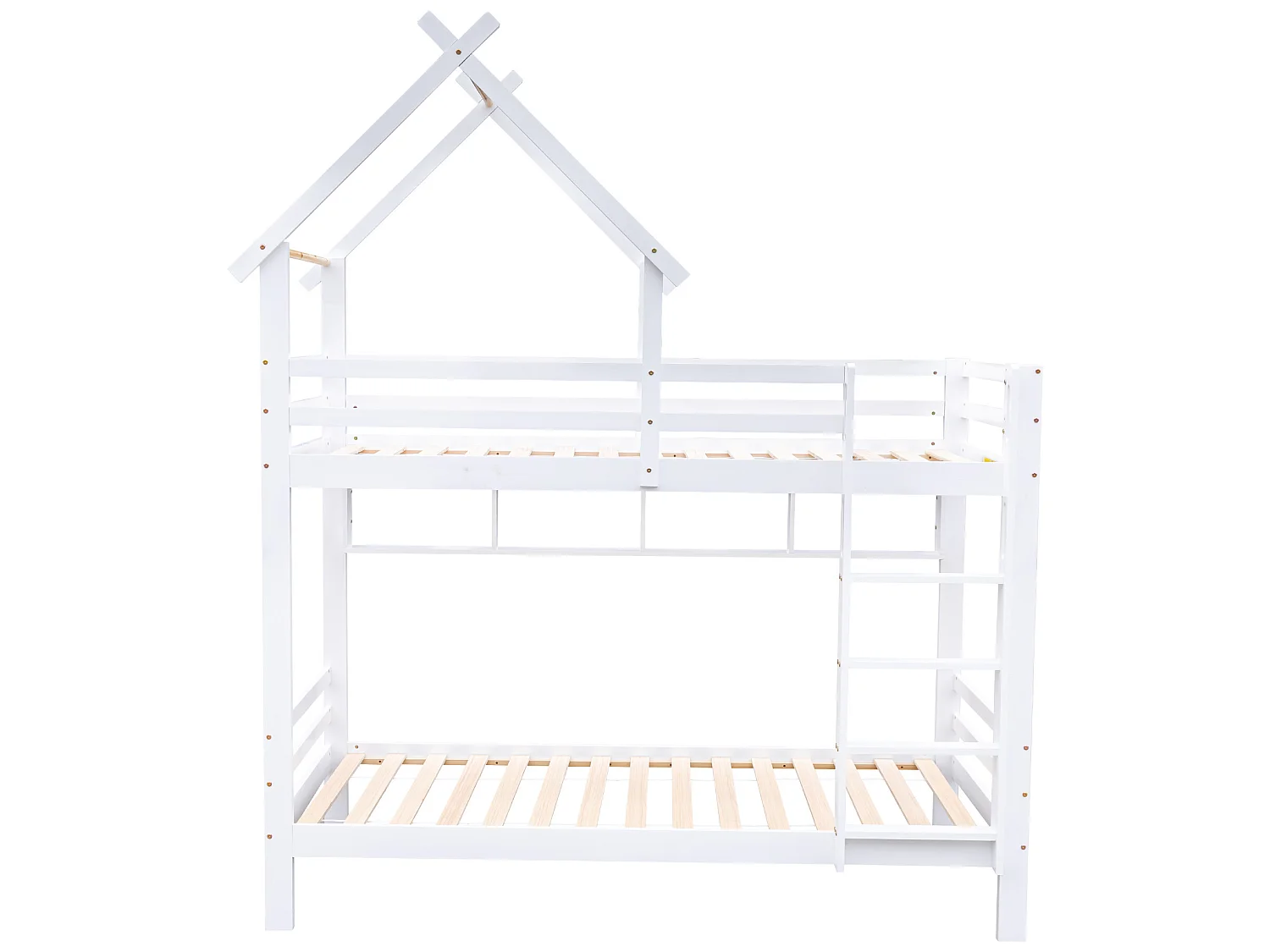 Łóżko piętrowe 2x90x200 cm z szufladami i półkami, rama sosnowa, stelaż listwowy w komplecie, białe
