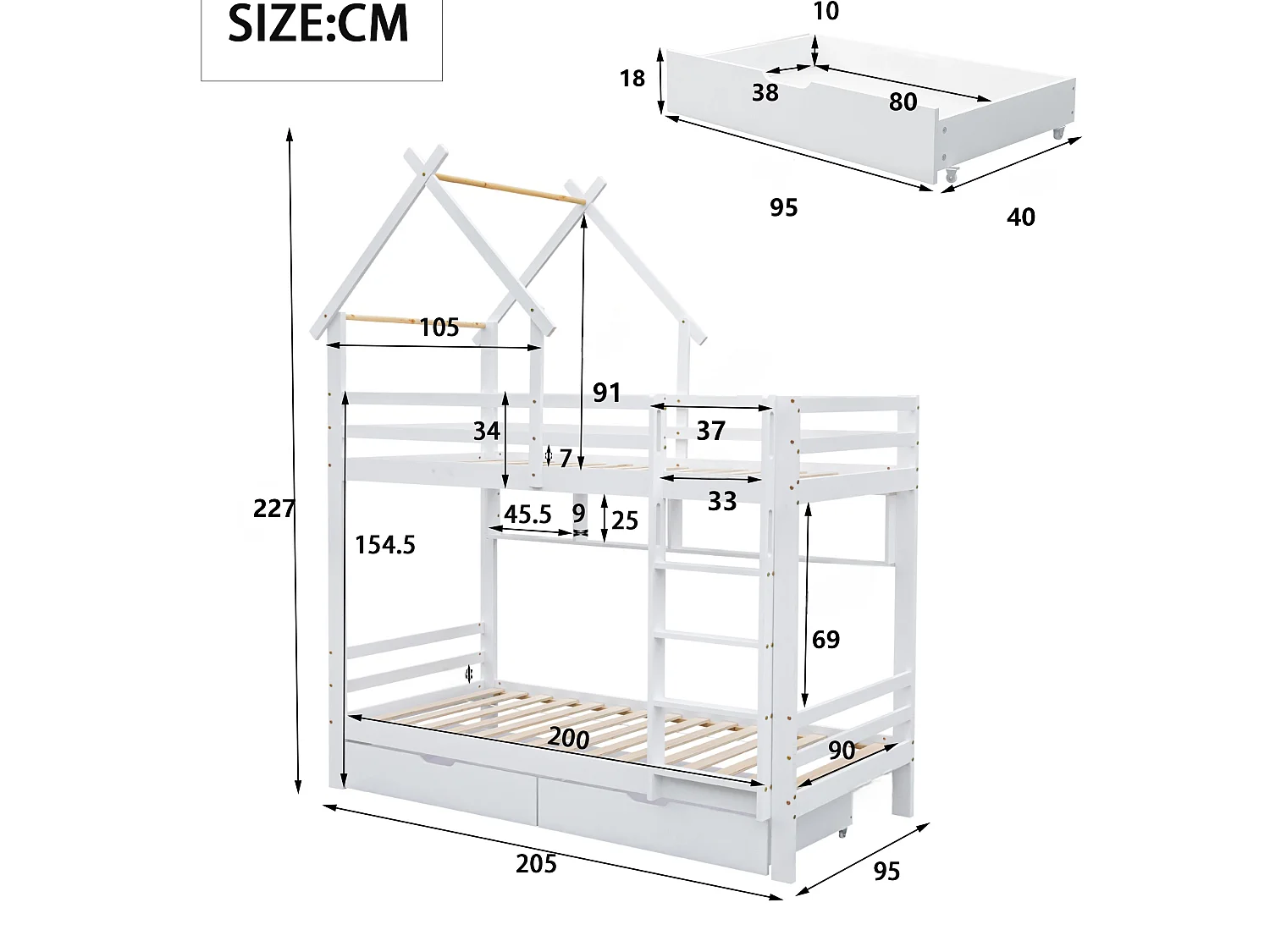 Łóżko piętrowe 2x90x200 cm z szufladami i półkami, rama sosnowa, stelaż listwowy w komplecie, białe