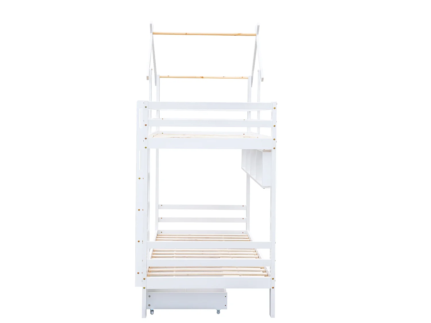 Łóżko piętrowe 2x90x200 cm z szufladami i półkami, rama sosnowa, stelaż listwowy w komplecie, białe