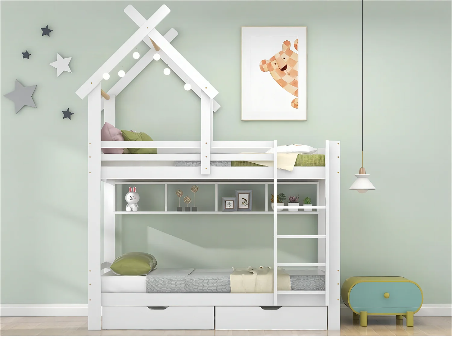 Letto a castello 2x90x200 cm con cassetti e ripiani, struttura in pino, rete inclusa, bianco