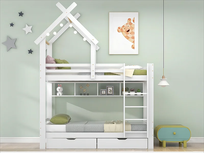 Łóżko piętrowe 2x90x200 cm z szufladami i półkami, rama sosnowa, stelaż listwowy w komplecie, białe