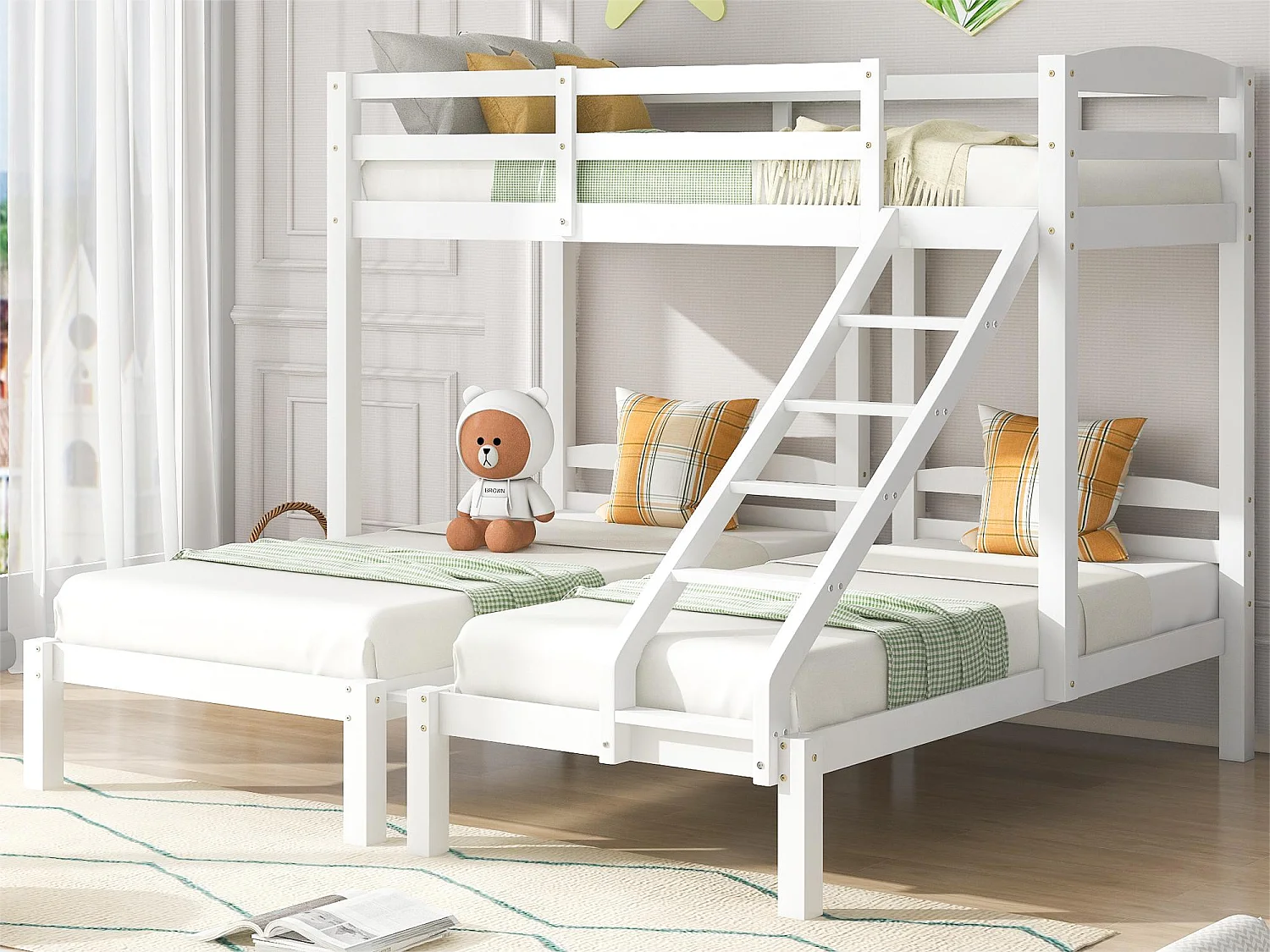 Kinderstapelbed 3 x 90 x 200 cm in grenenhout, inclusief wit onderstel