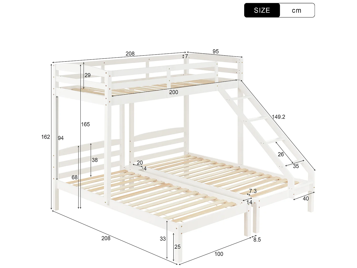 Kinderstapelbed 3 x 90 x 200 cm in grenenhout, inclusief wit onderstel
