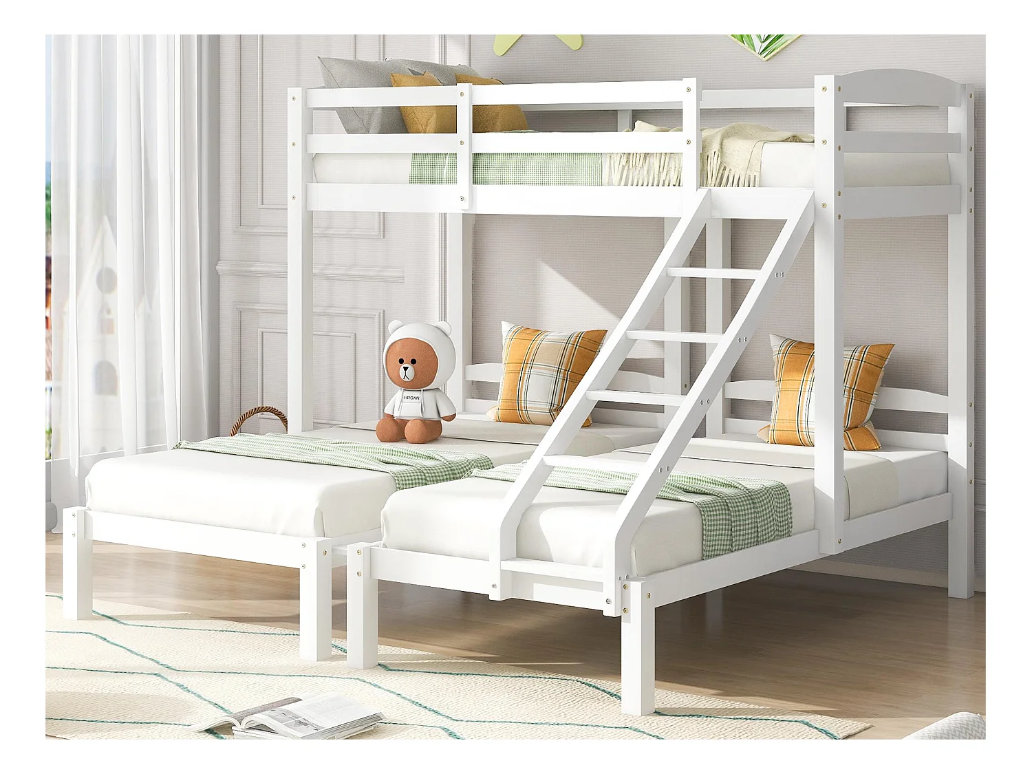 Lit superposé 3 x 90 x 200 cm pour enfant en pin sommier inclus blanc
